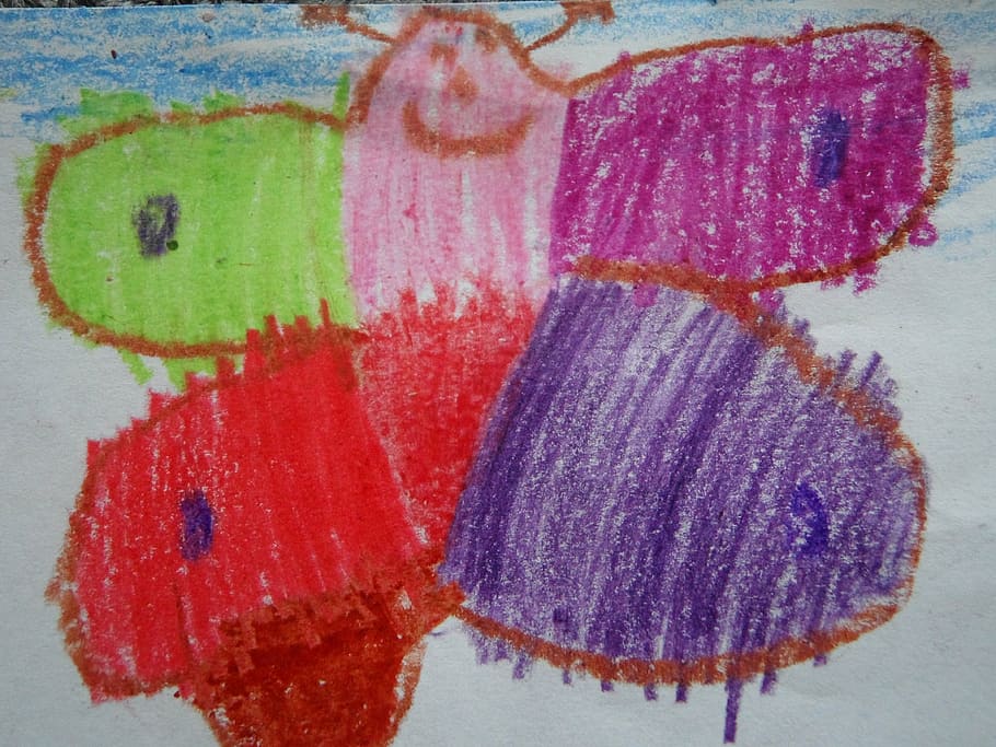 borboleta, crianças desenhando, colorido, primavera, criança, pintura, imagem, desenho, jardim de infância, close-up