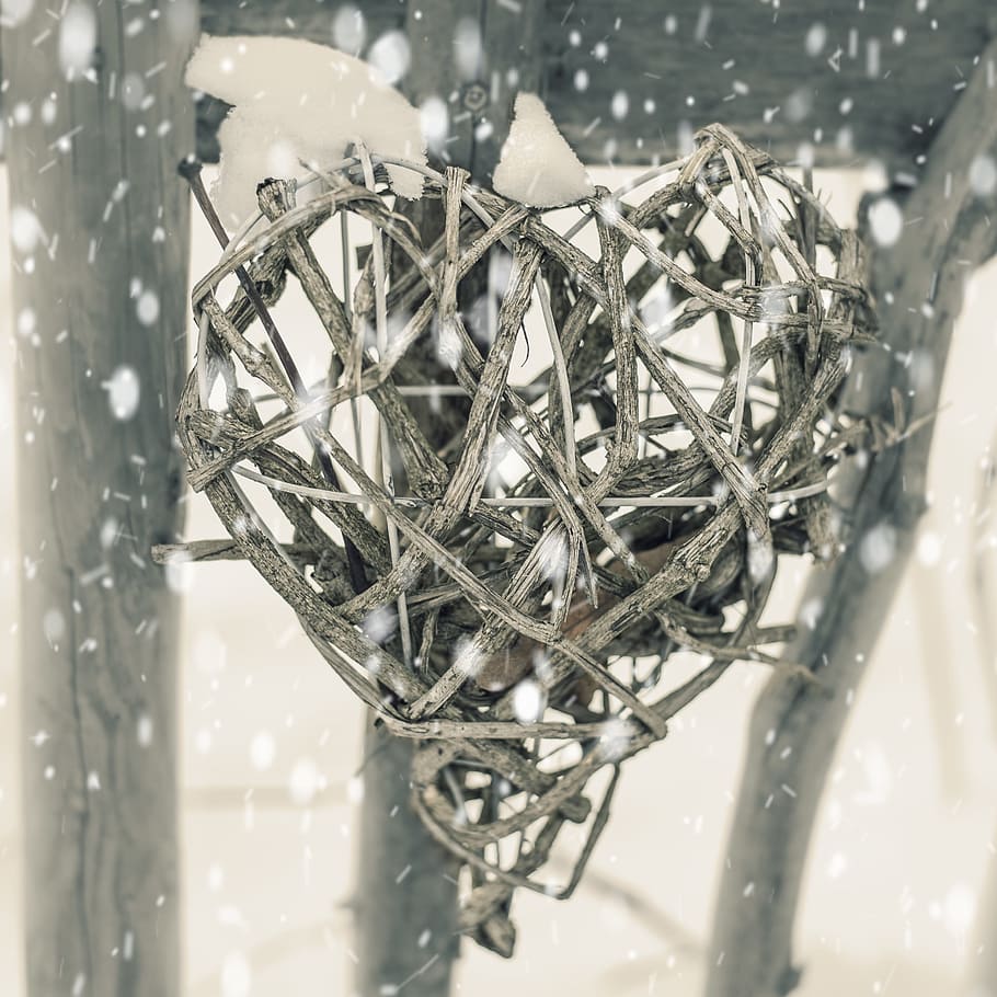 decoración de corazón de mimbre, copos de nieve, caída, corazón, invierno, nieve, valla, hielo, invernal, lealtad