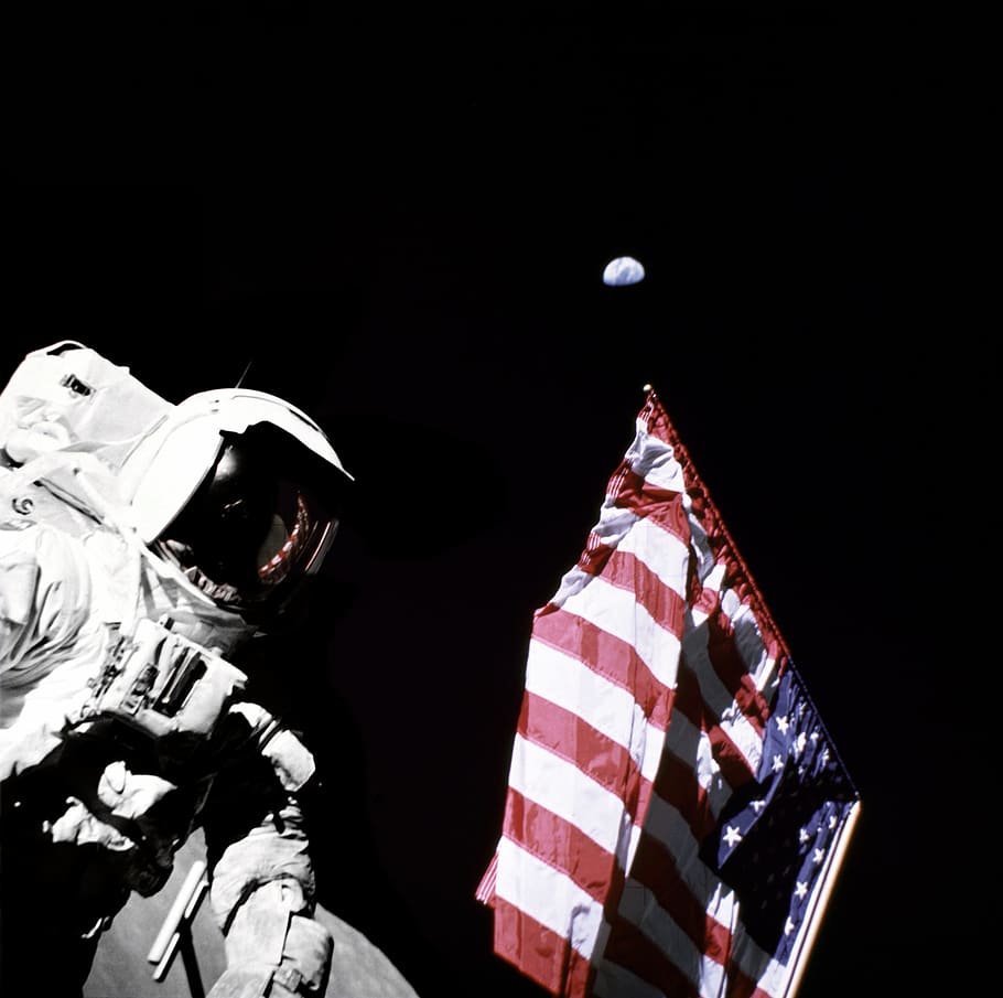 Astronauta, Luna, bandera, Estados Unidos, Harrison Schmitt, Apolo 17, espacio, misión, exploración, vuelo