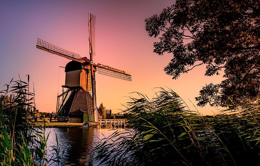 mill, netherlands, holland, landscape, water, historical, tourism, mills, kinderdijk, sunset