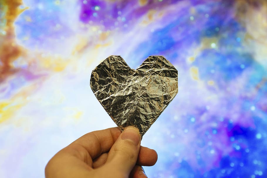 person, holding, silver heart paper decor, heart, art, design, hand, wrinkled, silver, love