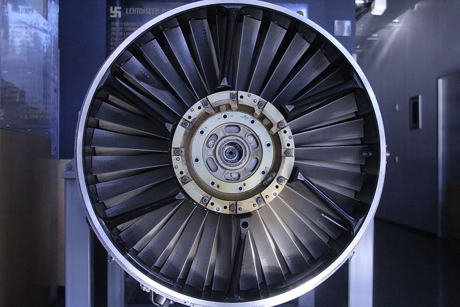 engine, propeller, jet engine, indoors, metal, technology, close-up, transportation, circle, geometric shape