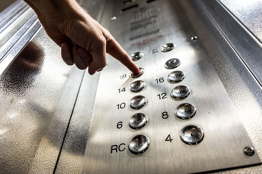 elevador, botón, dedo, prensa, piso, ascensor, edificio, arriba, abajo, mano