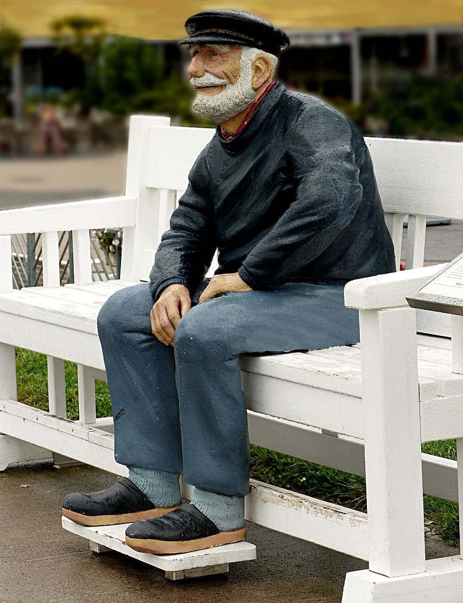 man, sitting, white, wooden, bench, statue, person, old man, seeman, bank