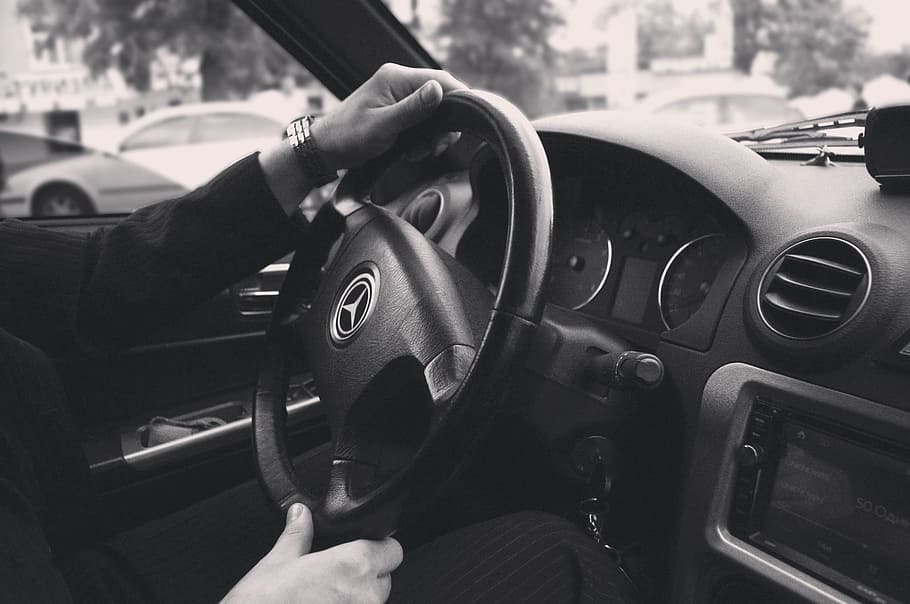greyscale photography, person, holding, mercedes-benz steering wheel, greyscale, photography, Mercedes-Benz, black and white, businessman, man