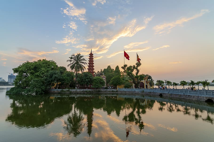 tran quoc pagoda, old pagoda in hanoi, hanoi, sky, water, reflection, tree, waterfront, sunset, plant