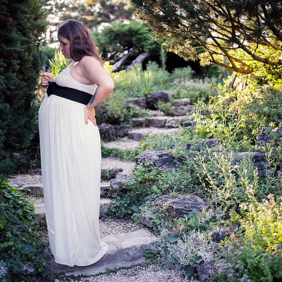 woman, standing, garden, pregnant, summer, white, young, pregnancy, mother, tummy