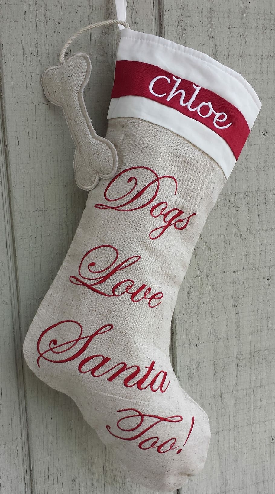 gray, white, sock decor, Christmas Stocking, Dog, Holidays, christmas, embroidered, text, western script
