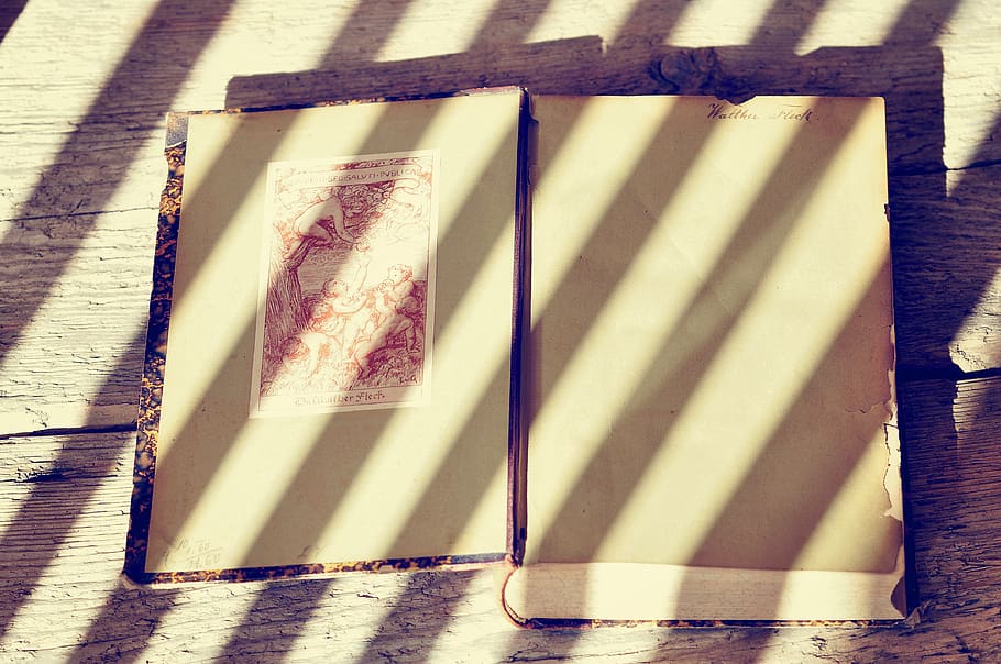 book, old, antique, book pages, wooden table, light and shadow, retro look, vintage, striped, sunlight