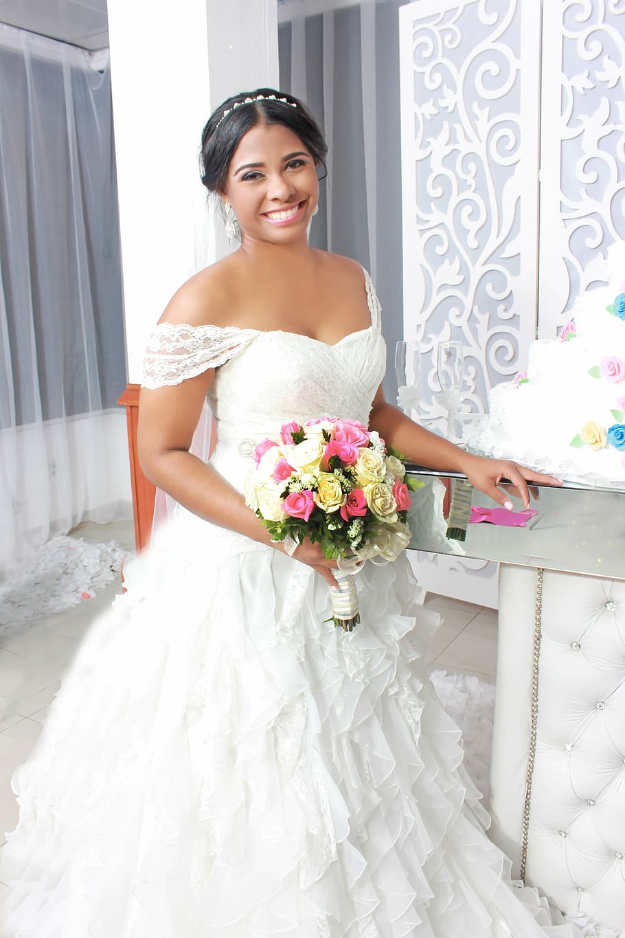 woman, white, off-shoulder wedding dress, holding, flower bouquet, wedding, truck, veil, kiss, nuptials