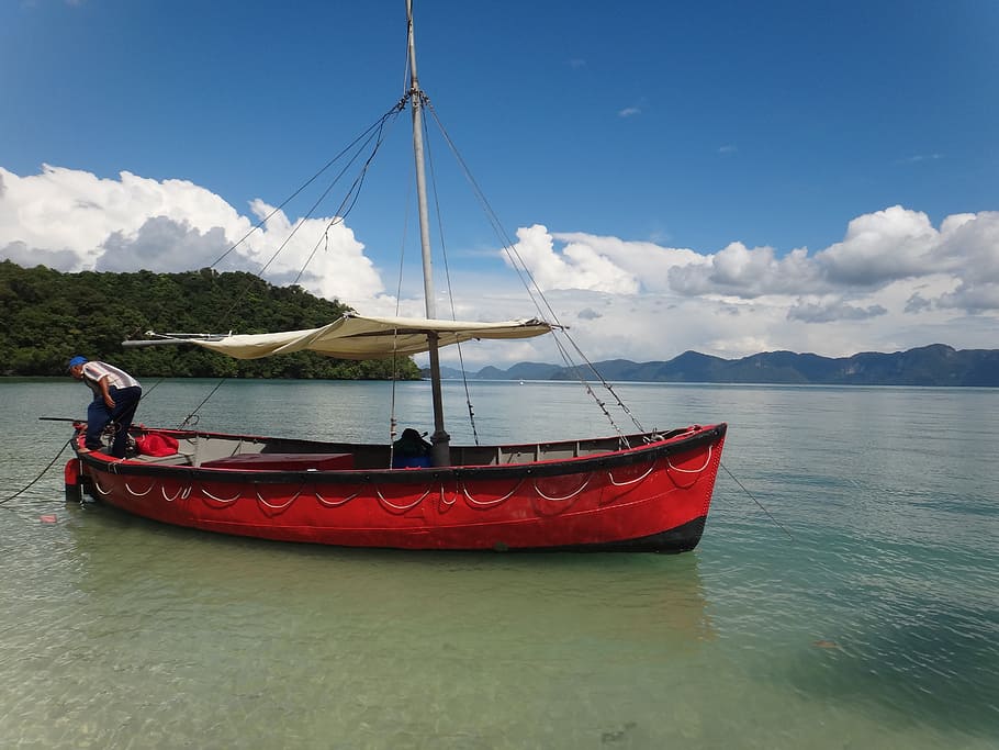 malaysia, boot, red, sailing boat, langkawi, fischer, water, mood, turquoise, beach