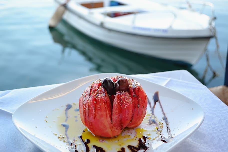 tomato salad, food by the sea, food with a view, outdoor food, food, seaside, landscape, seascape, greece, mediterranean