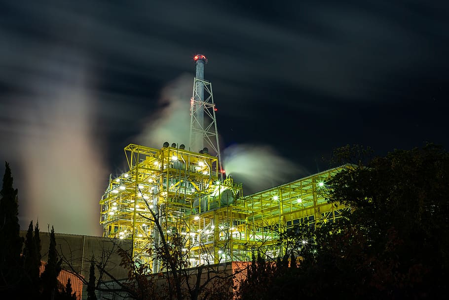 night view, factory, oil-related plant, chimney, steam, osaka bay shore area, japan, building exterior, architecture, built structure