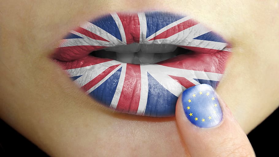 persona, unión, Jack, diseñado, lápiz labial, bandera británica, Union Jack, Brexit, votar, Europa