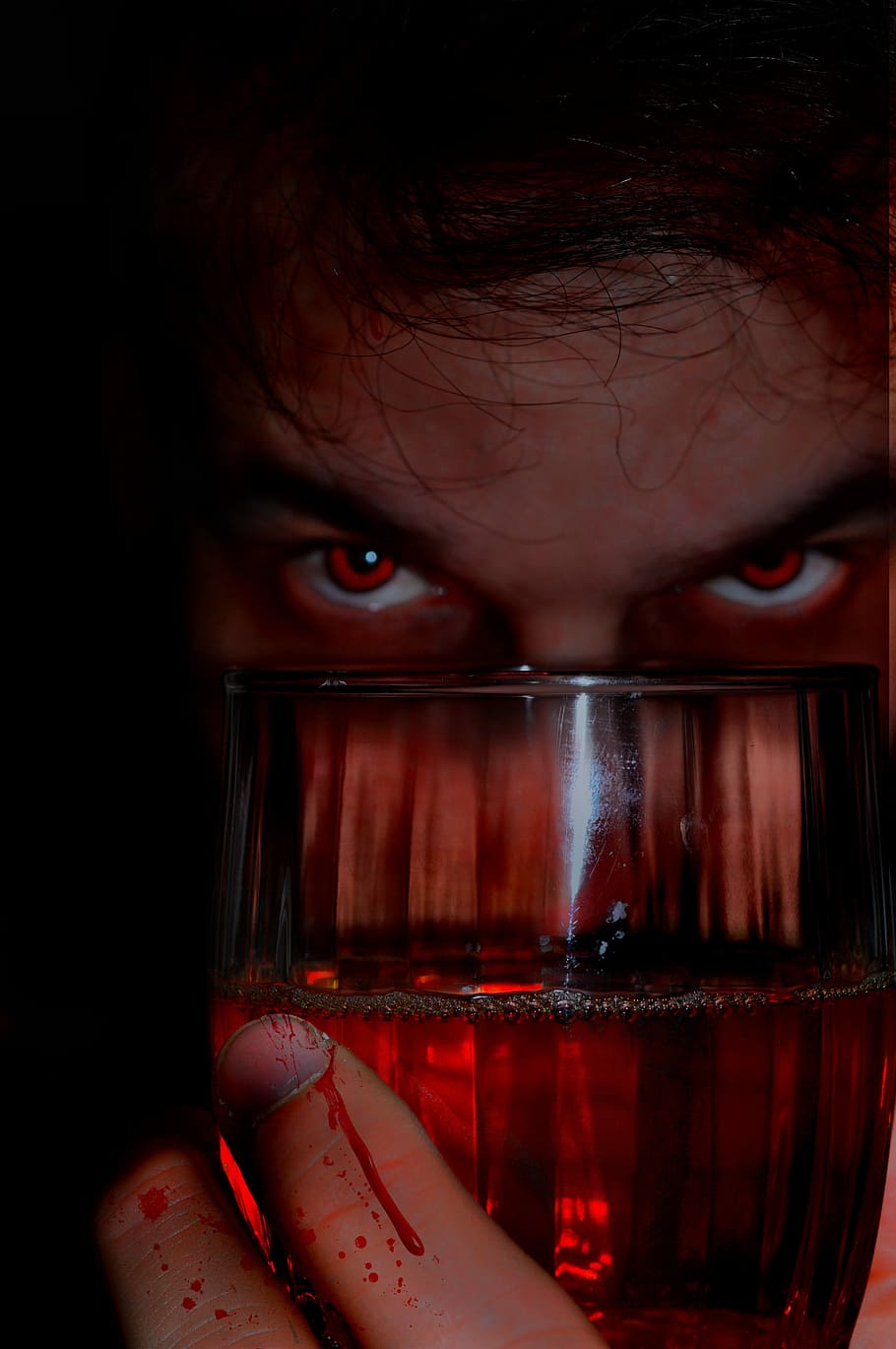 man, holding, clear, glass wine glass, Horror, Fear, Terror, Chilling, halloween, scary