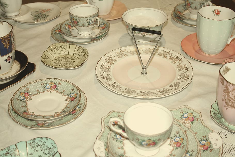 Tea Set, Tea Party, Teapot, Cups, Filter, vintage, retro, plates, dinner, pink