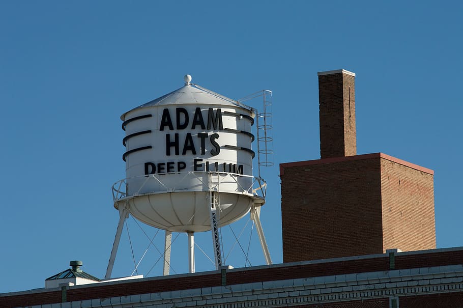 adams hats, water tower, deep ellum, landmark, vintage, architecture, built structure, sky, building exterior, clear sky