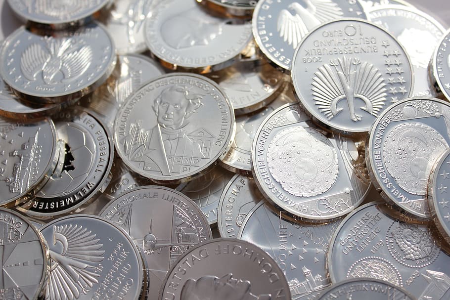 круглая серебряная монета, серебро, монеты, финансы, металл, деньги, валюта, евро, завод, 10 евро