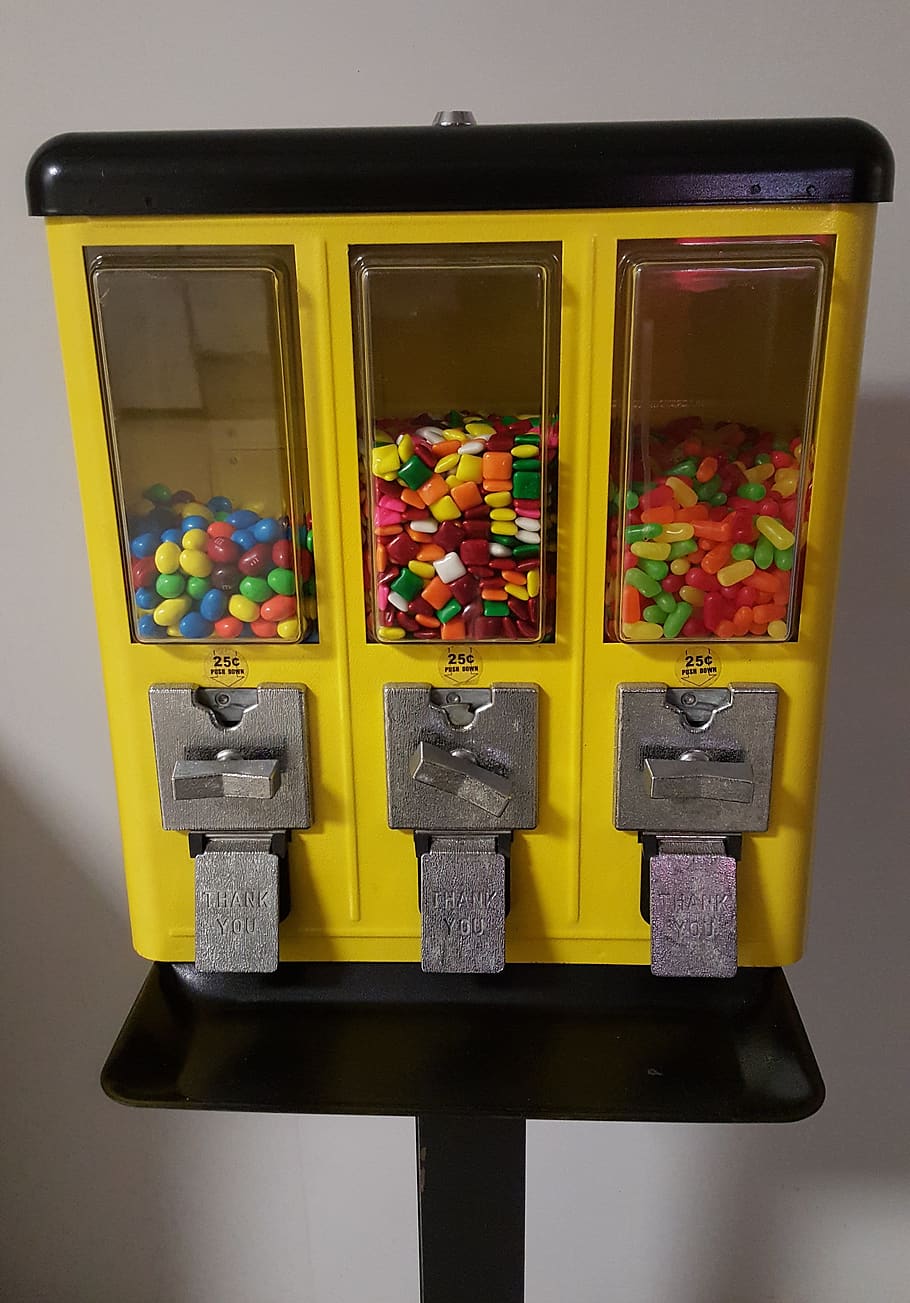 candy, sweet, dispenser, snack, gumball, machine, indulgence, multi colored, still life, sweet food