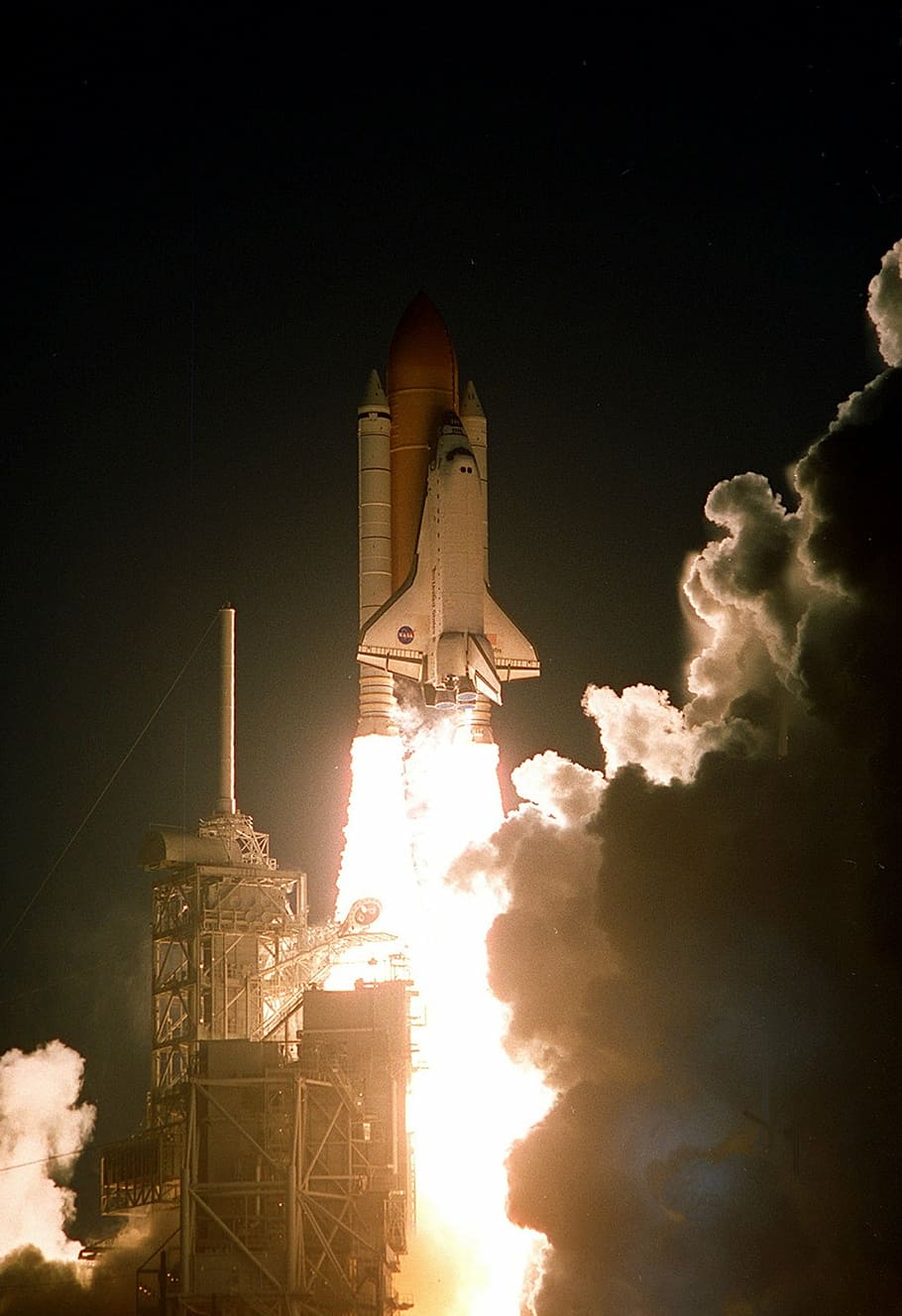 space shuttle atlantis, liftoff, launch, night, launch pad, rocket boosters, exploration, mission, flight, cape canaveral