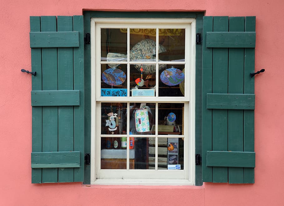 opened, green, wooden, window door, Old, Store, Shop, Window, Window Frame, old window, shop