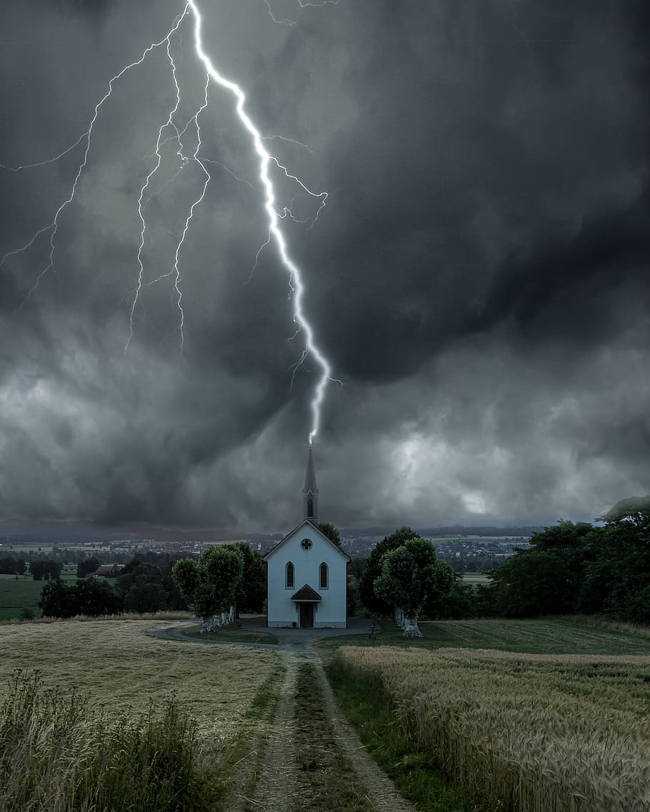 chapel, lightning, storm, thunderstorm, weather, thunder, nature, night, energy, dark