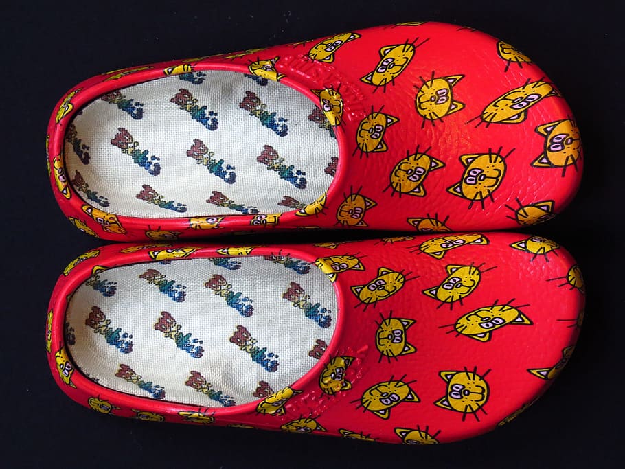 pair, red-and-yellow, cats print slip-on shoes, Shoe, Slipper, Clog, Shoes, Slippers, dutch, red
