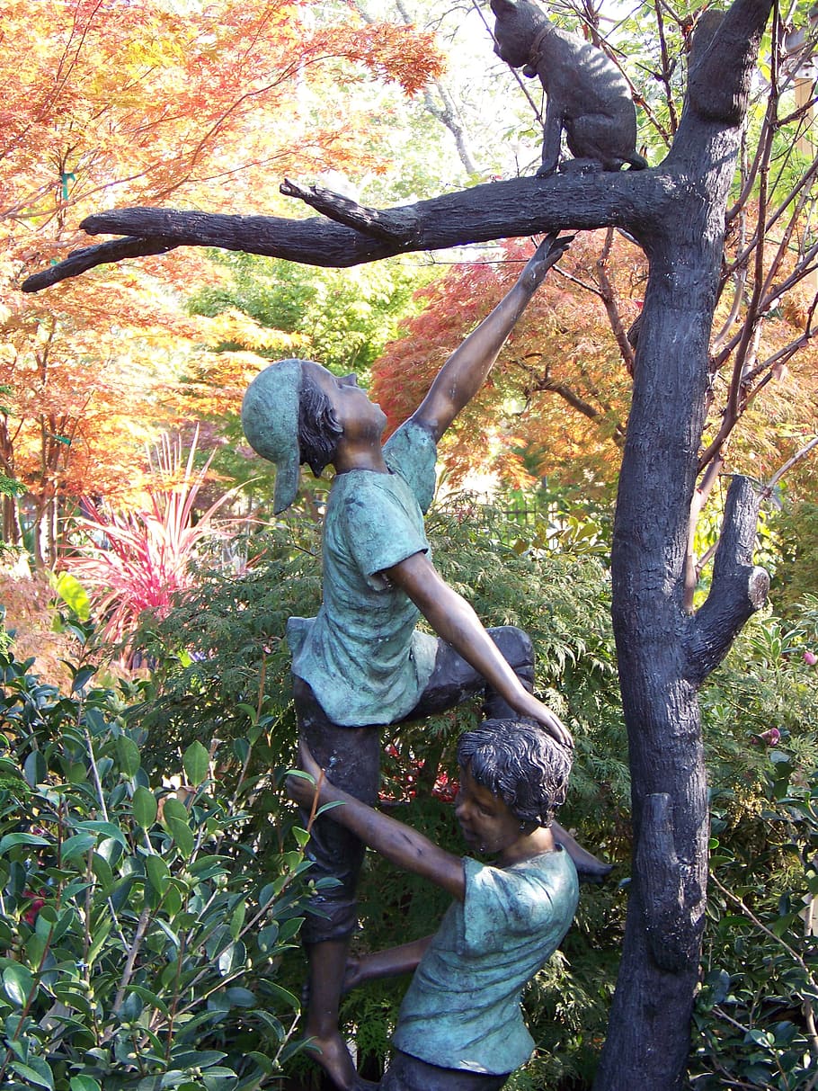 Statue, Bronze, Garden, garden statue, sculpture, decoration, artwork, kids, climb, support