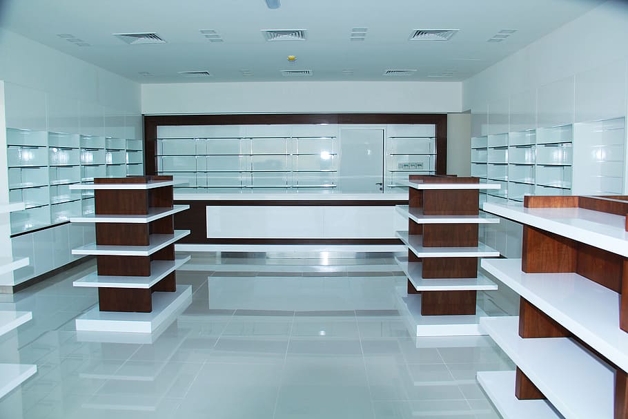 аптека, новый, дизайн, коричневый, белый, в помещении, архитектура, современная, мебель, пусто