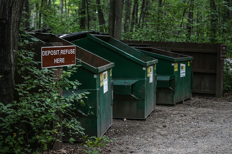 garbage bin, trees, recycle, recycling, environment, refuse, garbage, sign, rustic, campground