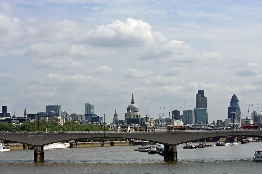 london, england, view, monuments, gherkin, st pauls cathedral, cathedral, river, river thames, built structure