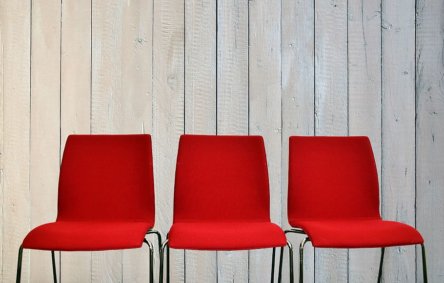 three, red-and-gray metal chairs, chairs, wait, sit, seat, break, seats, red, rest
