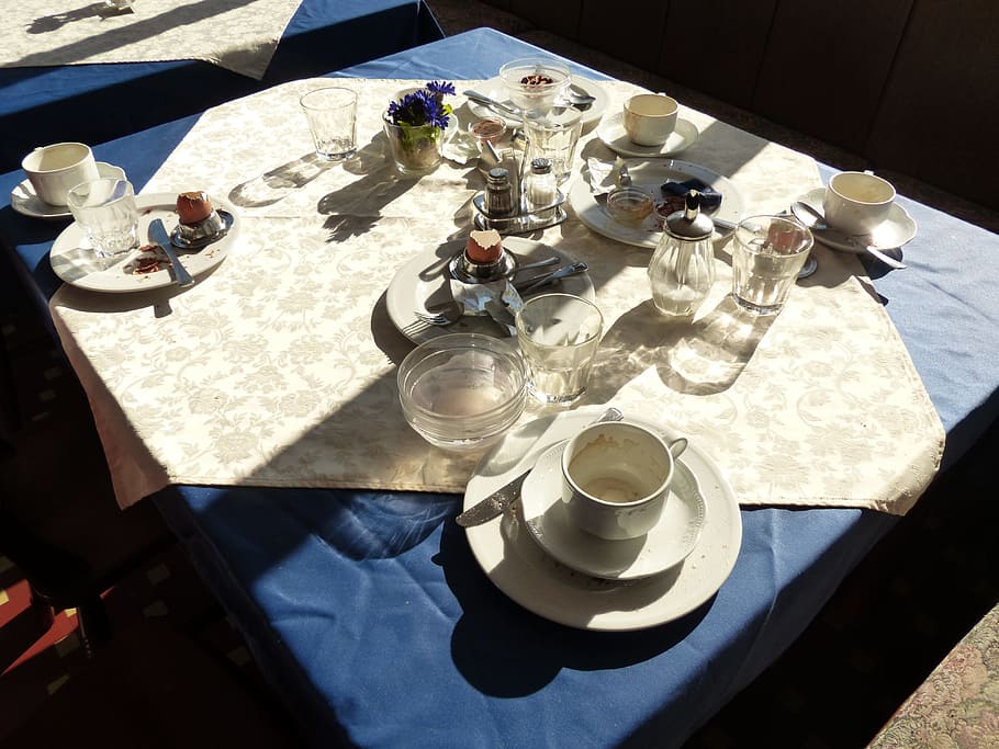 Café da manhã, mesa, comido, em cima, mesa de café da manhã, vazio, distância, acabado, acabamento, comida e bebida