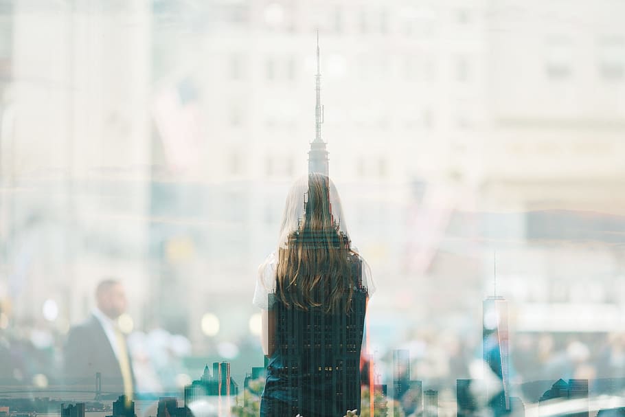 empire state building, new, york, fused, pictures, two, design, creative, person, hair
