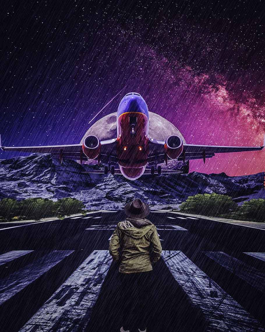 pessoa, pedestre, pista, ilustração de avião, avião, estrela, photoshop, avião comercial, aeronaves, voo