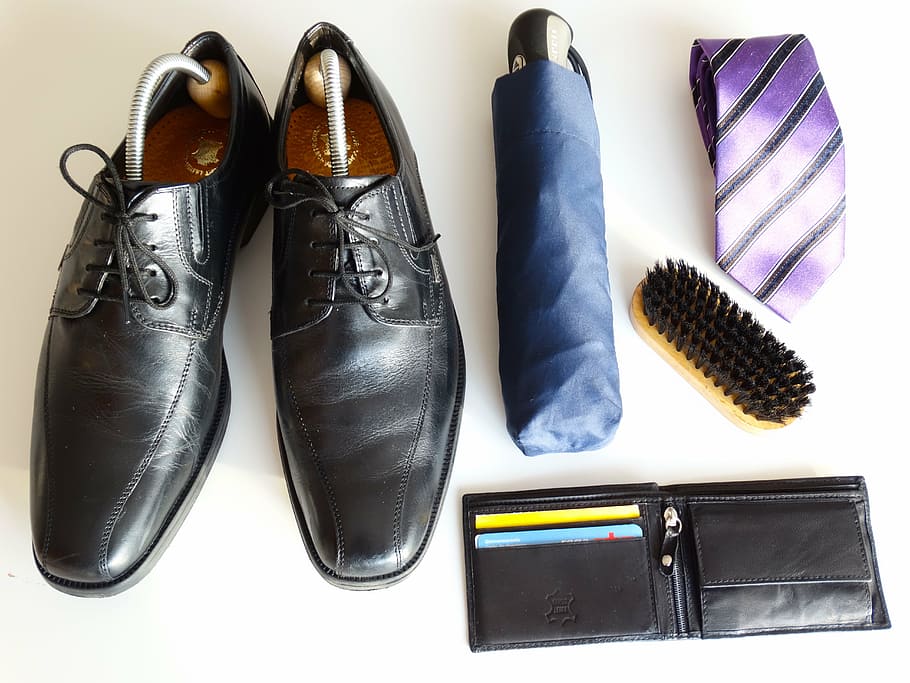 pair, black, leather dress shoes, purple, necktie, businessman, profession, workwear, business, clothing