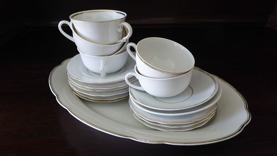 Tableware, Porcelain, Gold, Edge, White, gold edge, t, dowry, coffee service, stack
