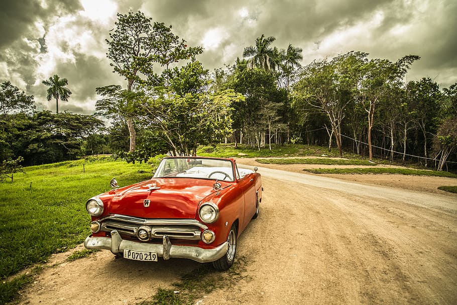 red, convertible, coupe, road, white, sky, cuba, old car, forest, sepia