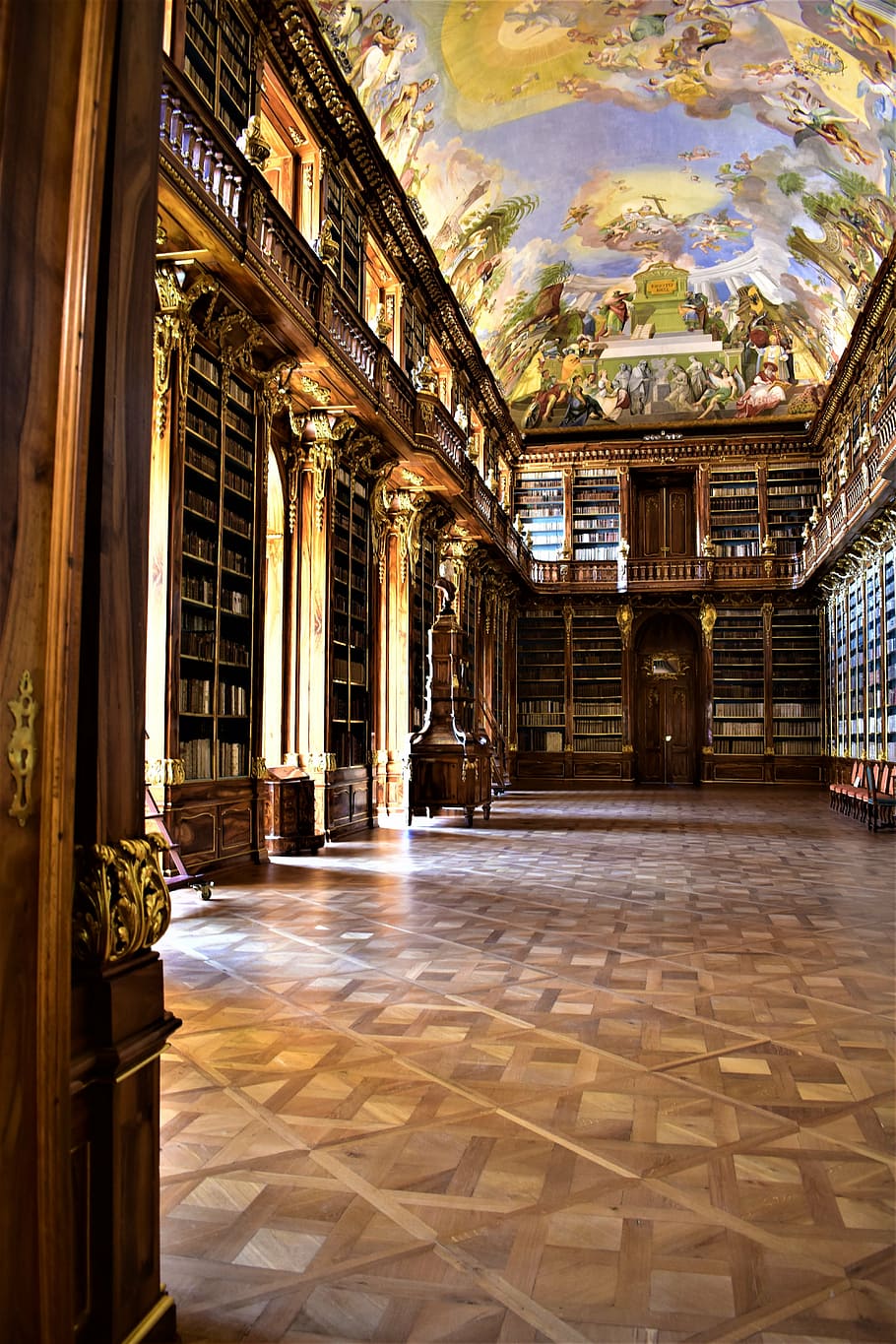 library, historical, painting, light, prague, building, architecture, built structure, indoors, flooring