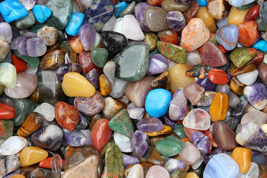 scattered, assorted, color pebbles, gems, stones, crystal, gemstone, mineral, color, pebble