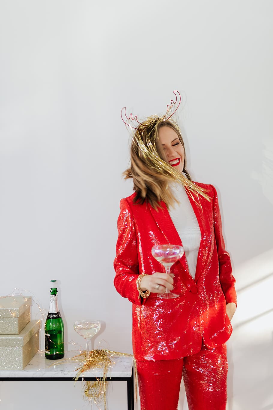 celebration, woman, adult, suit, red, cheers, tshirt, happy, blond, girl boss