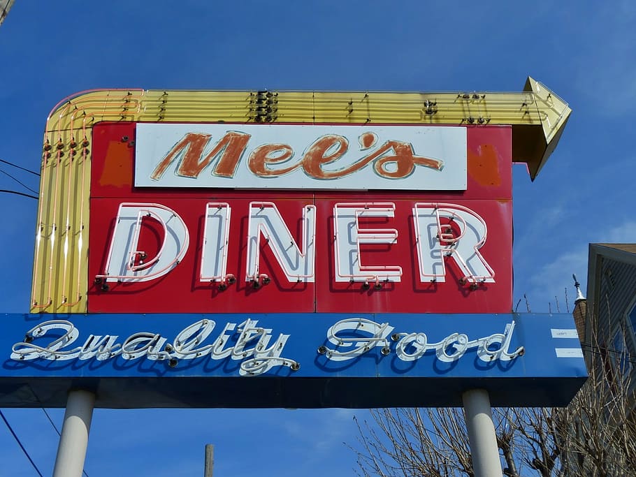 mel's dinner signage, vintage, old, diner, food, restaurant, eat, hungry, meal, breakfast