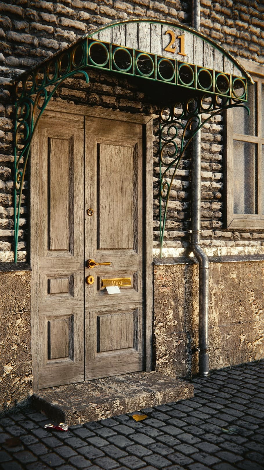 door, wallet, downpipe, cobblestones, masonry, wooden door, 3d, post, letters, front door