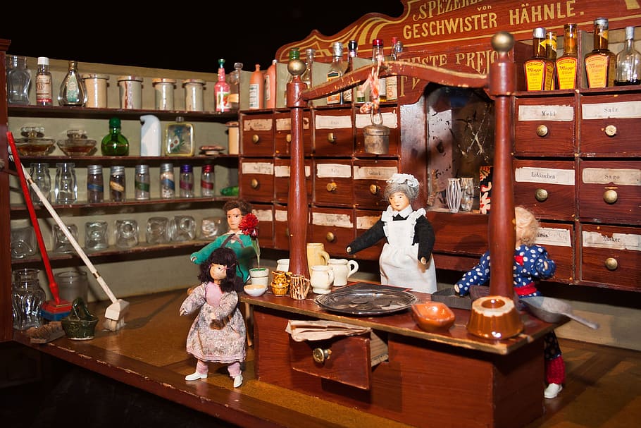 brown, wooden, store model, grocer, toys, old, antique, play, children toys, business