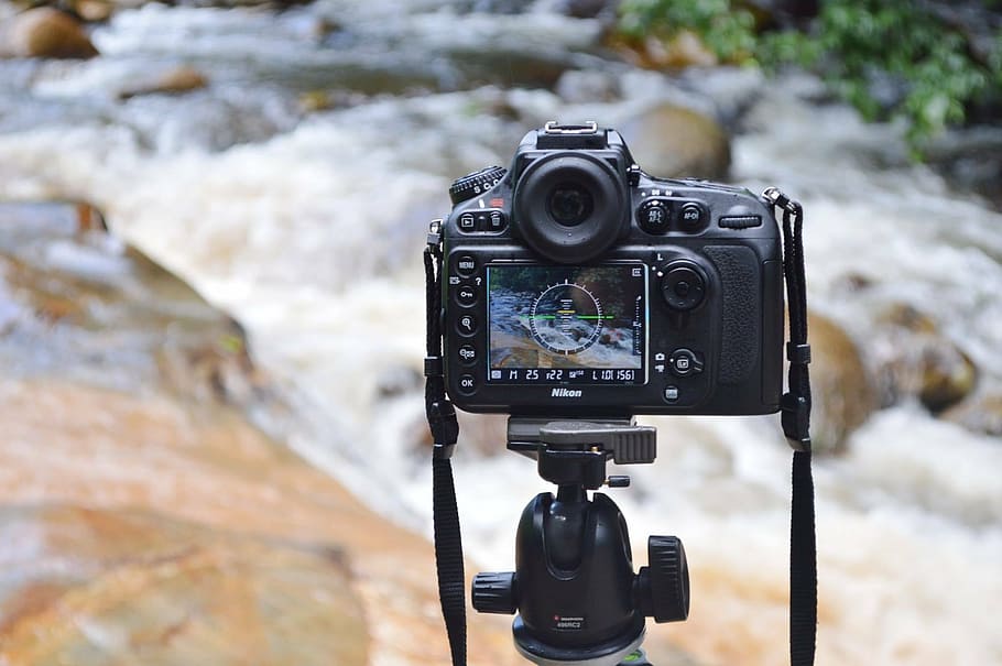 negro, cámara réflex digital, tomar, video, que fluye, río, cámara, Nikon, fotografía, agua