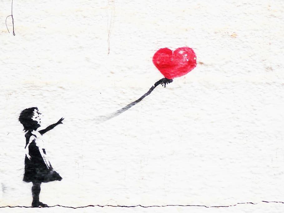 memegang, berbentuk hati, merah, lukisan balon, grafit, dinding, permainan anak, jantung, gadis, cinta