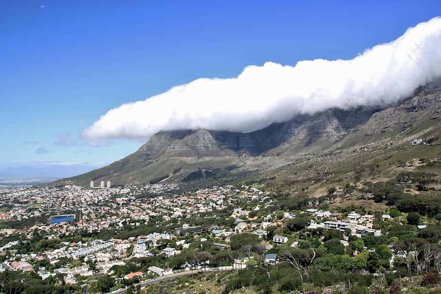 vulcão, capa, nuvens, Cape Town, Table Mountain, África do Sul, África, visão, céu, azul