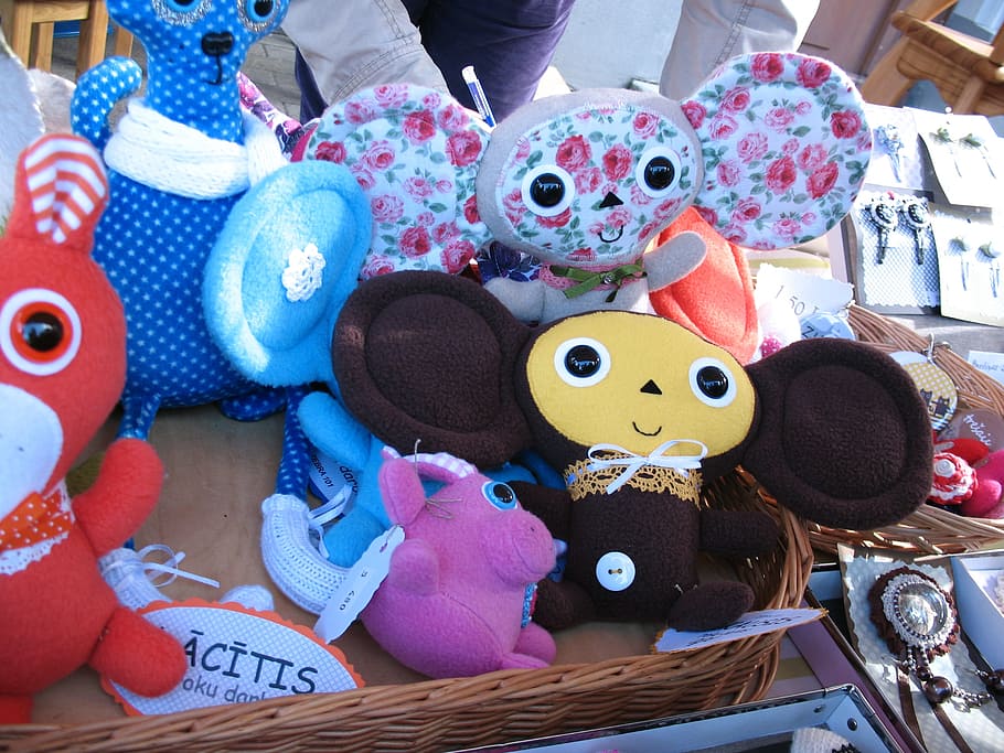 cheburashka, mainan, toko, latvia, riga, representasi hewan, representasi, pilihan, boneka mainan, variasi