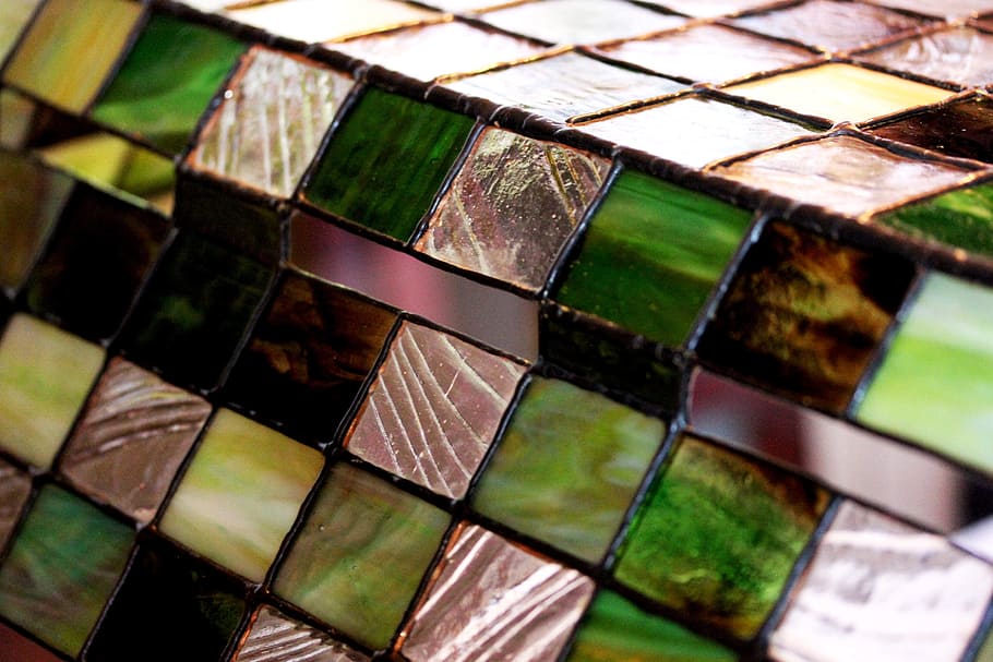 stained glass, squares, green, translucent, tiffany glass, brown, square, texture, lines, design