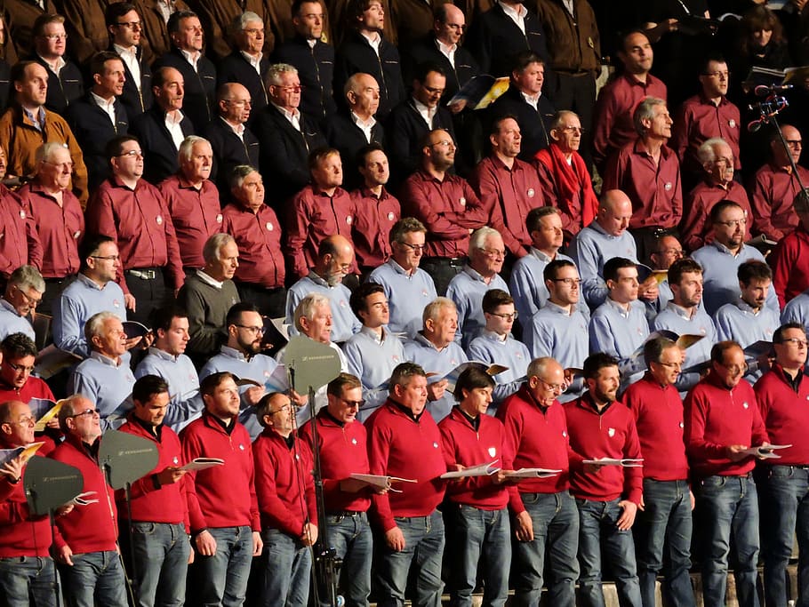crowd, men, standing, holding, book, choir, group, sing, singers, large group of people